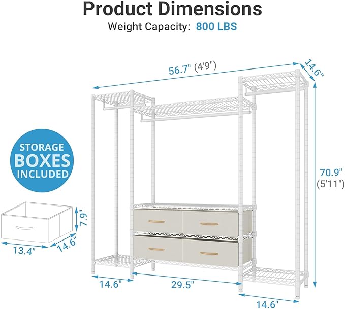 VIPEK V20 Wire Garment Rack Heavy Duty Clothes Rack, Metal Clothing Rack with 6 Shelves, 3 Hang Rods & 4 Fabric Drawers, Compact Freestanding Closet Wardrobe, 56.7" L x 14.6" W x 70.9" H, White