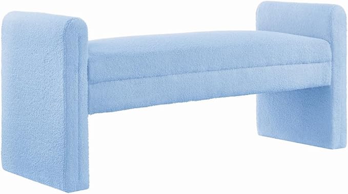 24KF Modern Upholstered Bed Bench Covered with Soft Boucle Teddy Fabric, Lovely Entryway Bench Ottoman with Armrest, 5062-Light Blue