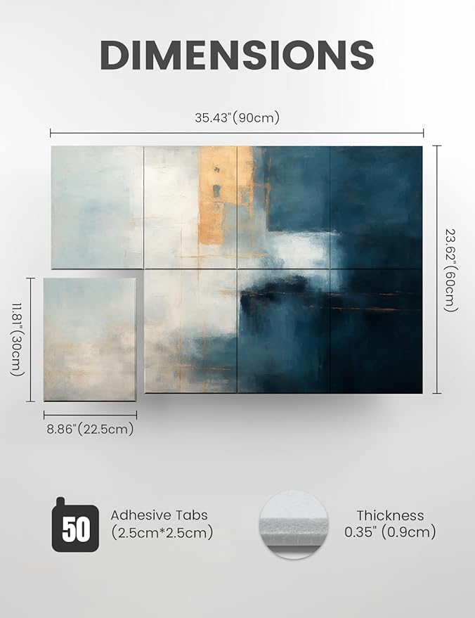Wall Art Acoustic Panels,35''X24''Soundproof Wall Panels-8-Pack with 50 Adhesive Tabs, Decorative Sound Absorbing Panels for Living Room and Recording Studio, Offices-Azure Horizon