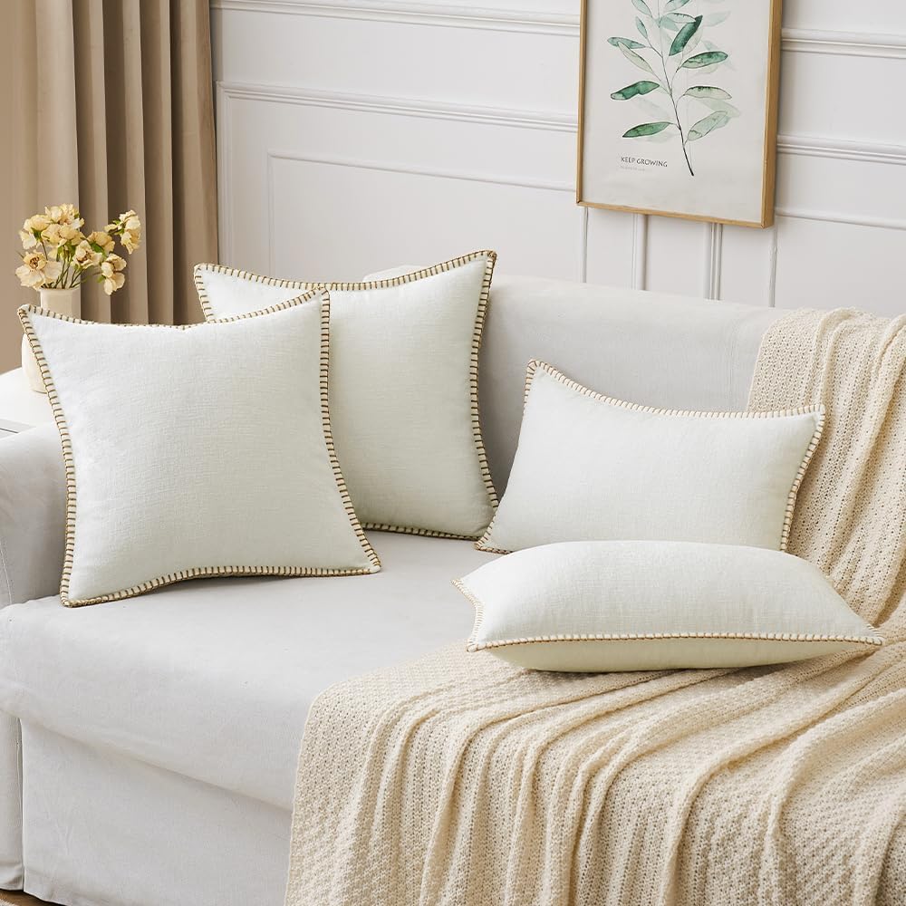 MIULEE Pack of 2 Christmas Pillow Covers 16x16 Inch Pure White Farmhouse Decorative Throw Pillow Covers with Stitched Edge Soft Chenille Solid Dyed Couch Pillow Covers for Sofa Bed Living Room
