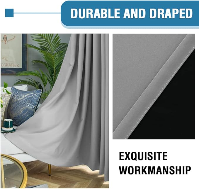 H.VERSAILTEX 100% Blackout Curtains for Bedroom 42 Inches Wide Thermal Insulated Drapes Blackout Curtains 63 Inches Long Rod Pocket Curtains with Black Liner 2 Panels Set, Dove Grey