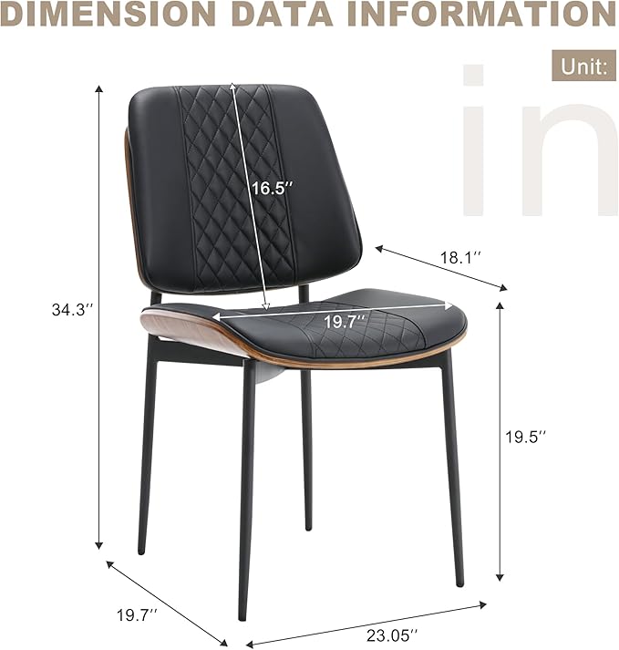 BV Dining Chairs Set of 6, PU Leather Armless Kitchen Chair in Modern Walnut Style, Mid Century Bentwood Side Chair with Metal Legs, Retro Accent Guest Chair for Kitchen Dining Room(Black)