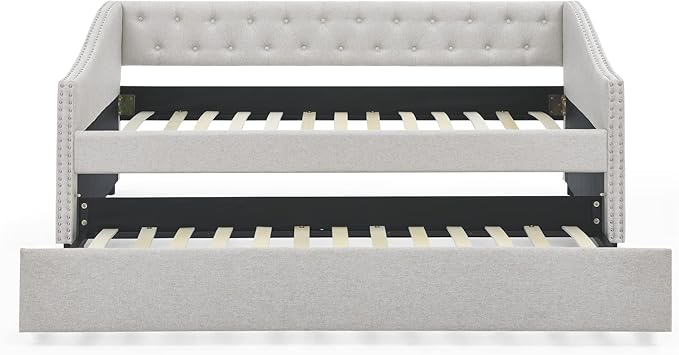 Favfurish Upholstered Twin Size Daybed with Twin Trundle, Solid Wooden Sofa Bed Frame w/Button Tufted Backrest and Copper Nail on Waved Shape Arms, No Spring Box Need, Space-Saving Design