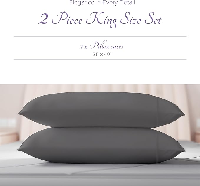 Carressa Linen 100% Egyptian Cotton King Size Pillow Cases Set of 2 - Luxury 600 Thread Count King Pillowcases (Dark Grey), Silky Soft, Cooling, Breathable Sateen Weave Hotel Quality Bed Pillow Cover