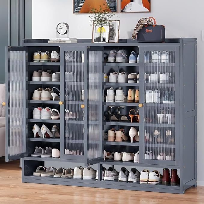 Bamboo Shoe Cabinet, 36-40 Pairs 8 Tier Shoe Rack with Doors, Freestangding Shoe Cabinet Organizer with Shelves, 43" Tall Shoe Rack Organizer for Entryway, Closet, Hallway