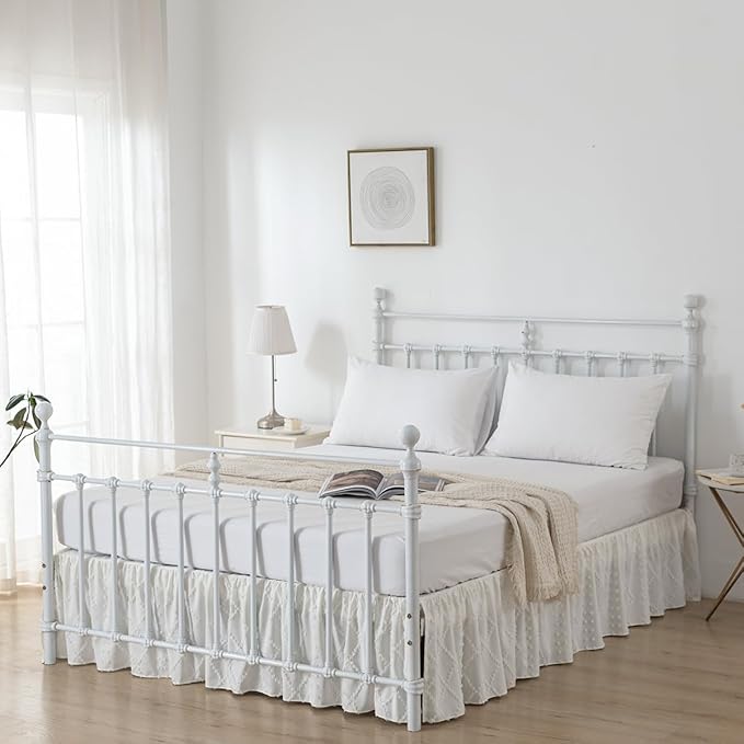 Bed Skirt Queen Size Ruffled Bed Skirt with Split Corners, 18 Inch Drop Dust Ruffle Bed Skirts with Platform, Boho Tufted Shabby Chic Queen Size Bed Skirts, Ivory