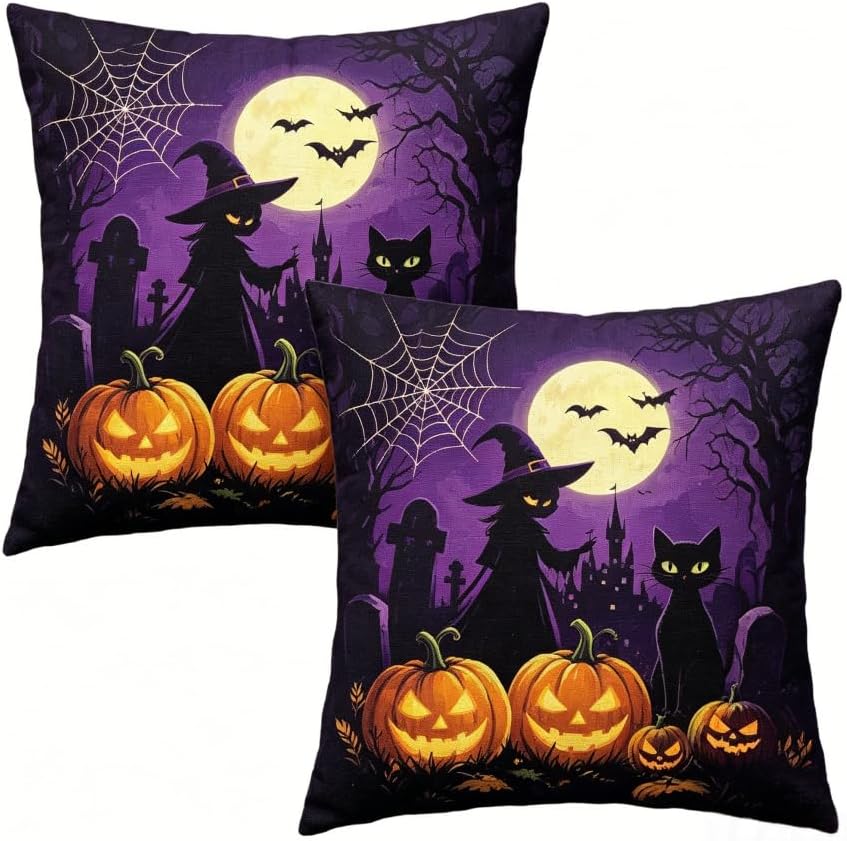 Halloween Throw Pillow Covers, Witch Pumpkin Bat Spider Web, 18x18 Inch by Unknown
