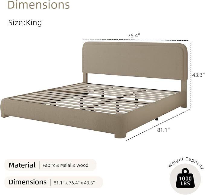 BarnFurin Boucle Upholstered Bed Frame King Size/Cloud Bed Frame/Soft Rounded Corners Headboard/Low Profile/No Box Spring Needed/Beige