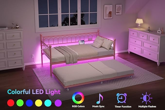 GarveeHome Twin Size Daybed with Charging Station and LED Lights, Metal Bed Frame with Trundle, Sofa Beds Frame with Steel Slat Support for Living Room, Guest Room, Apartment, Small Spaces, Pink