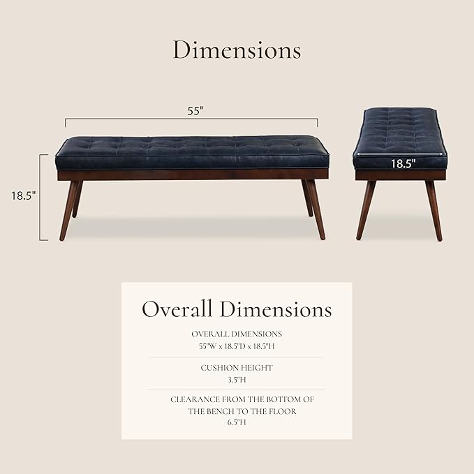 POLY & BARK 55" Tufted Leather Bed Bench for Bedroom End of Bed - Living Room Entry Way Bench - Pure Italian Leather Upholstery with a Solid Wood Frame - Ottoman Bench with Wooden Legs - Midnight Blue