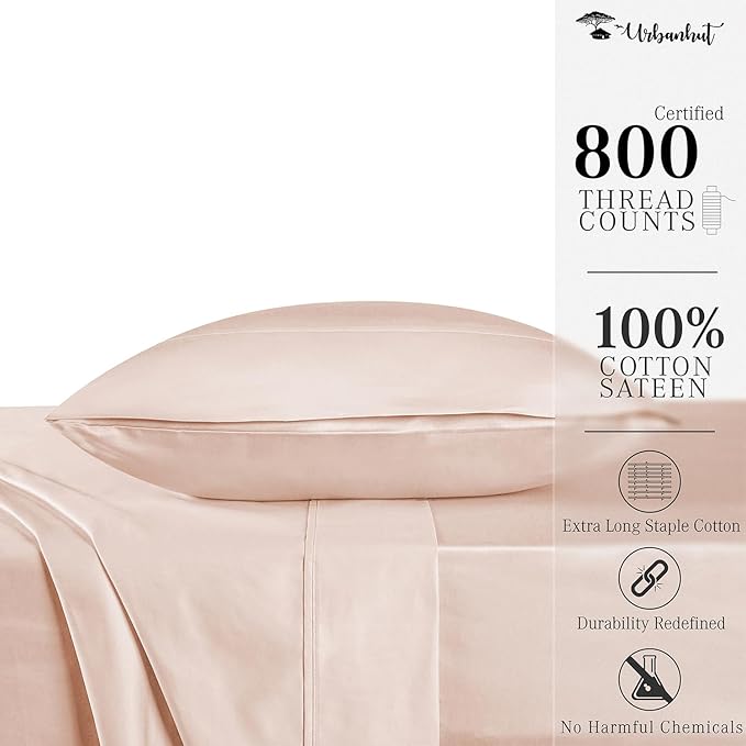 URBANHUT 800 Thread Count 100% Cotton Twin Size Sheets, Luxury 4 Piece Twin Bedsheets, Hotel Sheets Sateen Finish - Better Than Egyptian, 14" Elasticized Deep Pocket - Blush Pink