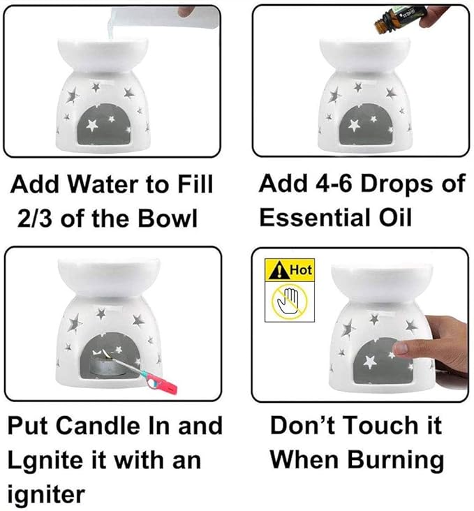 HwaGui Ceramic Tea Light Holder,Aromatherapy Oil Burner Candle Warmers Home Decoration Romantic White Star Pattern