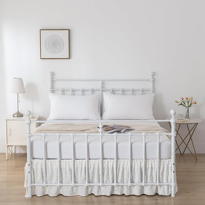 Bed Skirt Queen Size Ruffled Bed Skirt with Split Corners, 12 Inch Drop Dust Ruffle Bed Skirts with Platform, Boho Tufted Shabby Chic Queen Size Bed Skirts, Ivory
