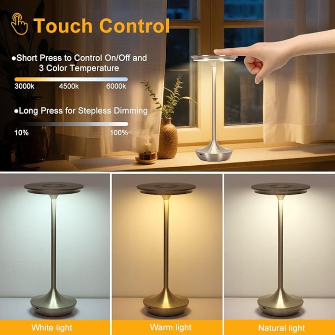 2 Pack LED Rechargeable Cordless Table Lamps,Portable Outdoor 6000 mAh Battery Operated Table Light Touch Control 3 Color Dimmable Waterproof for Patio/Cofee/Restaurant/Camping/Dining/ Bedroom-Silver