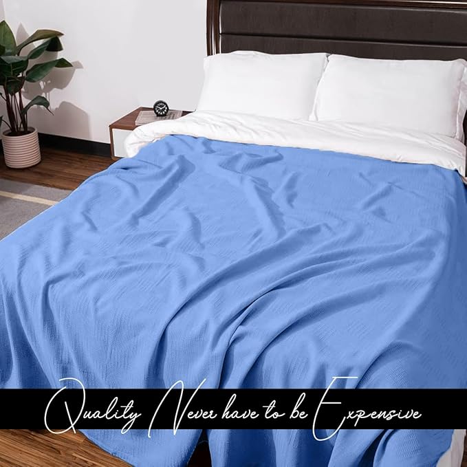 Avalon Bedding 100% Cotton Blankets Queen Size Thermal Blanket (90"x90") - Perfect Cotton Blanket Queen Size for Layering Bed in Any Season - Cotton Blankets for Bed (Blue)