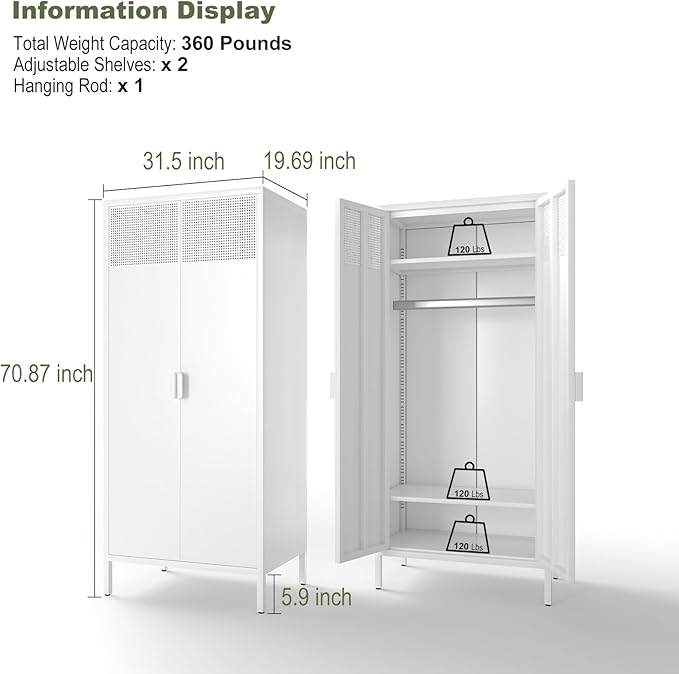COFaR Metal Wardrobe Cabinet with Hanging Rod, 71 inches Tall Bedroom Armoire Wardrobe Closet for Home, Office, Garage, Laundry Room White