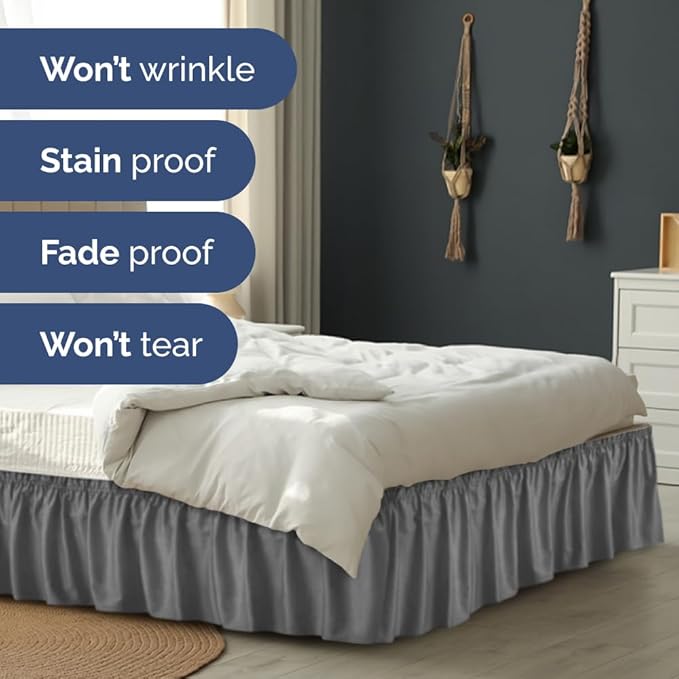 Wrap Around Dust Ruffle Bed Skirt - Dark Grey - for Twin Size Beds w/ 14 Inch Drop - Easy Fit Elastic Strap - Adjustable Pleated Bedskirt with Brushed Fabric, Wrinkle Free Women, Men, Kids and Teens