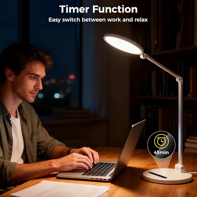OldShark LED Desk Lamp for Home Office and Video Calls| Eye-Caring Dimmable Led Desk Light with Memory & Timer Func| 3 Color Temperature,10 Brightness Computer Light, Adjustable Flexible Swing Arm