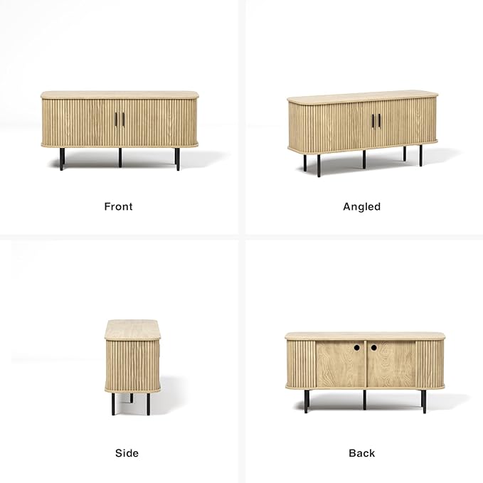 55''W Natural Storage Cabinet, Media Console, Tambour TV Stand, Television Stands with Curvy Edge; Sliding Door, Fluted Cabinet, Buffet Sideboard, Credenza, Table Stand for Living Room, Kitchen