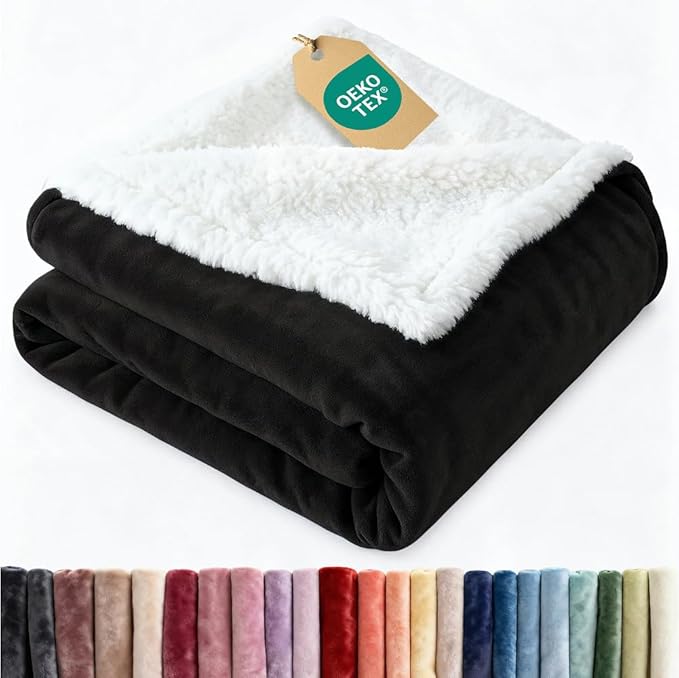 Sherpa Fleece Blanket Queen Size - Reversible Sherpa Fleece Queen Blanket - Super Soft Double Sided for Bed, Sofa, Couch - Thick, Warm, Fuzzy & Plush - Luxurious Bedding for Winter - Black, 90" x 90"