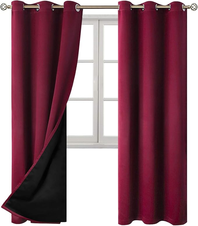 BGment Thermal Insulated 100% Blackout Curtains for Bedroom with Black Liner, Double Layer Full Room Darkening Noise Reducing Grommet Curtain (42 x 84 Inch, Burgundy Red, 2 Panels)