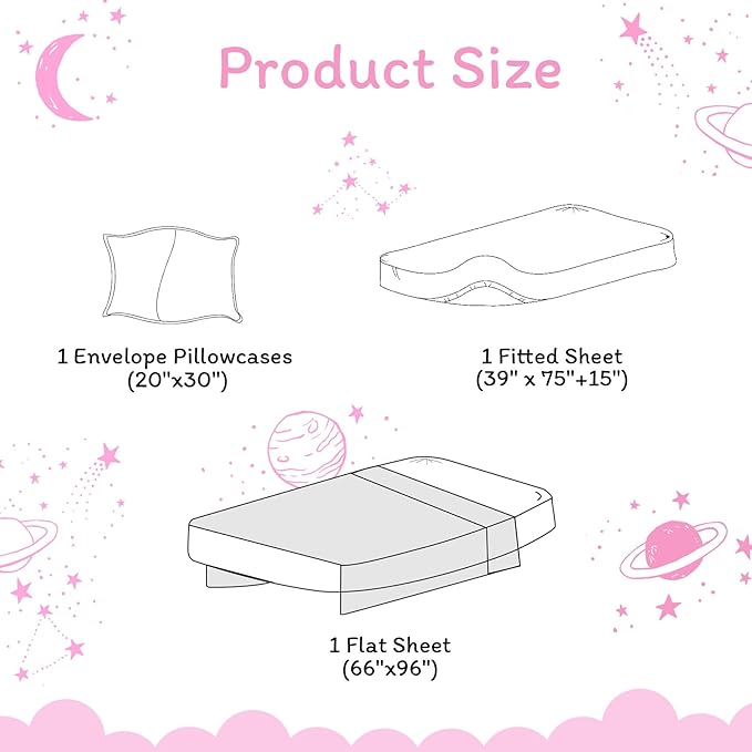 JSD Gradient Pink Moon Stars Kids Sheet Set Twin Size, 3 Piece Space Theme Microfiber Sheets Deep Pocket