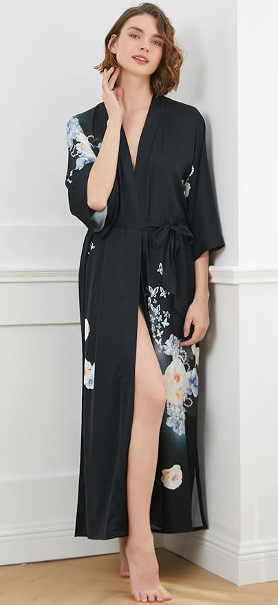 Ledamon Women's Kimono Long Robe - Classic Floral Bathrobe Nightgown