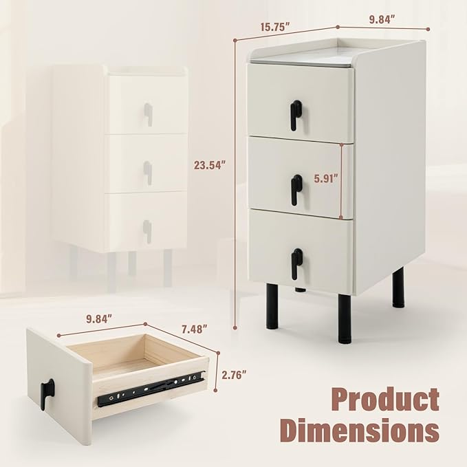 Lamberia Narrow Nightstand with 3 Drawers, Narrow Side Table, Small Bedside Table for Bedroom, Living Room, End Table for Small Space, Cream White，9.8''W x 15.8" D x 23.5" H