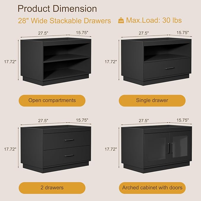 Stackable Storage with 2 Drawers, 28" Wide Storage Bins for Closet Organizers, Wood Stackable Closet Organizer Modern Large Stackable Storage Units for Living Room Hallway Bedroom, Black