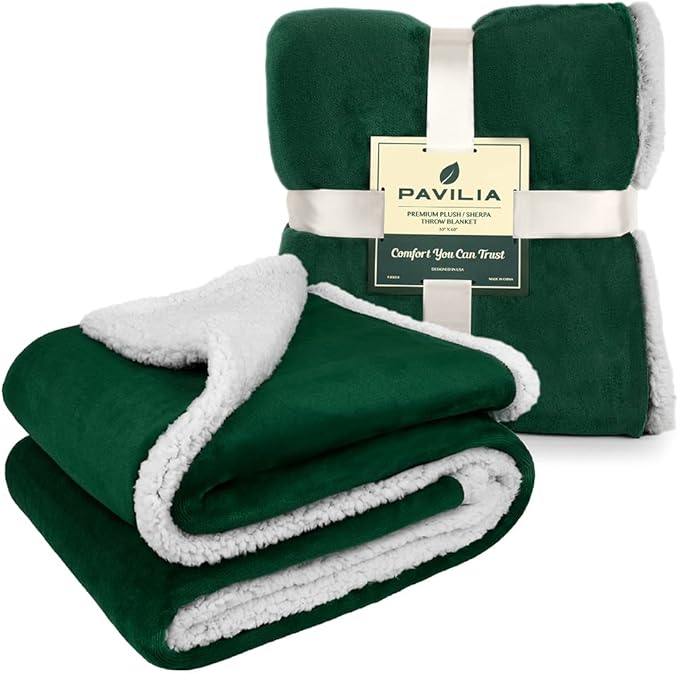 PAVILIA Sherpa Fleece Throw Blanket for Couch, Twin Size, Emerald Green, Plush Soft Fuzzy Sofa Blanket, Cozy Reversible Winter Throw for Women Men, 60x80 Inches