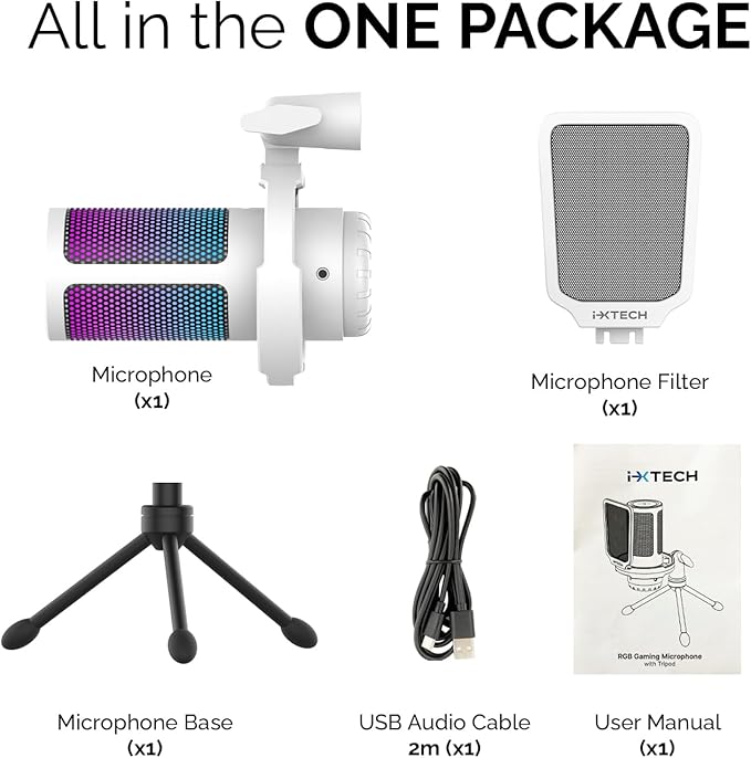 IXTECH USB Gaming Microphone for PC, RGB Condenser Microphone with Tripod Stand, Pop Filter, Rotate Gain Button, and Quick Mute, Noise Cancellation Computer Mic for Streaming, Gaming, Podcasting