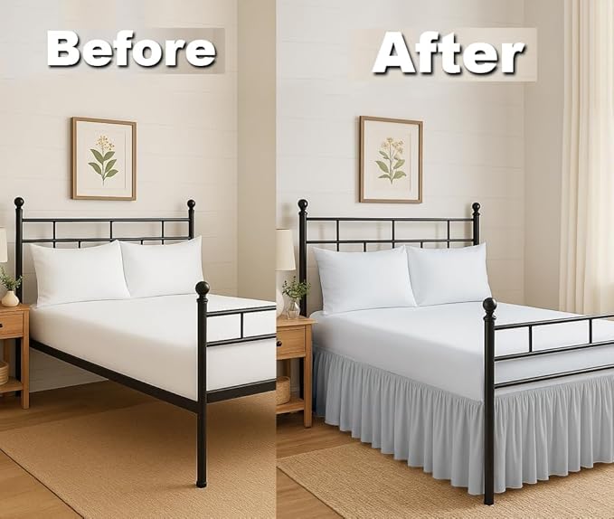 Ruffled Bed Skirt Split Corners with Platform, Tailored Fit Hotel Quality Wrinkle Free Ultra-Soft Microfiber Dust Ruffle, Upto 21 Inch Drop, Twin, Light Grey