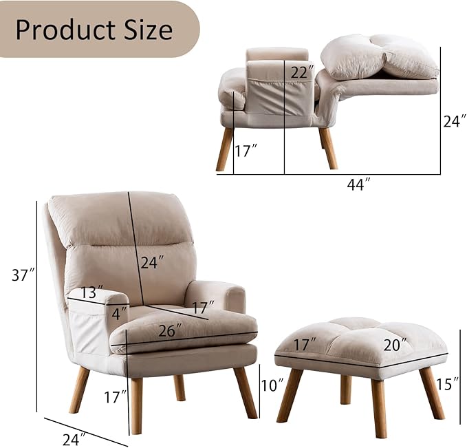 INZOY Accent Chairs with Ottoman Set, Modern Velvet Armchair with Adjustable Backrest, Comfy Lounge Chair for Living Room Bedroom, Creamy