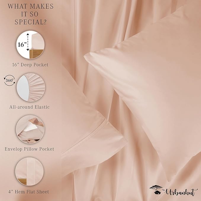 URBANHUT 800 Thread Count 100% Cotton Queen Size Sheets, Luxury 4 Piece Queen Bedsheets, Hotel Sheets Sateen Finish - Better Than Egyptian, 16" Elasticized Deep Pocket - Blush Pink