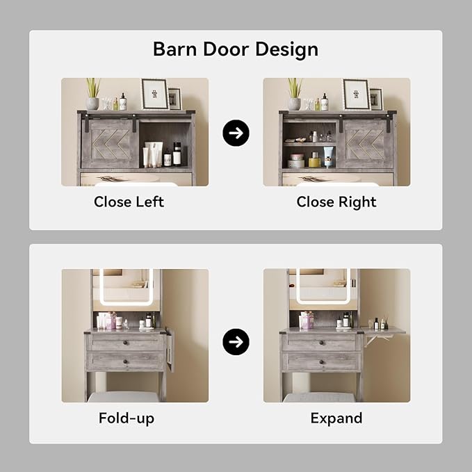 ARTETHYS Farmhouse Small Vanity Desk Set with Mirror Cabinet Compact Makeup Vanities Set with 3 Adjustable Lights and Storage Chair for Compact Space, Gray Dressing Table with Fold-up Panel