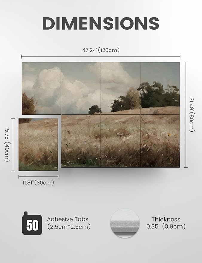 Wall Art Acoustic Panels,47''X31''Soundproof Wall Panels-8-Pack with 50 Adhesive Tabs, Panels for Living Room and Recording Studio, Offices-Grain field, landscape study