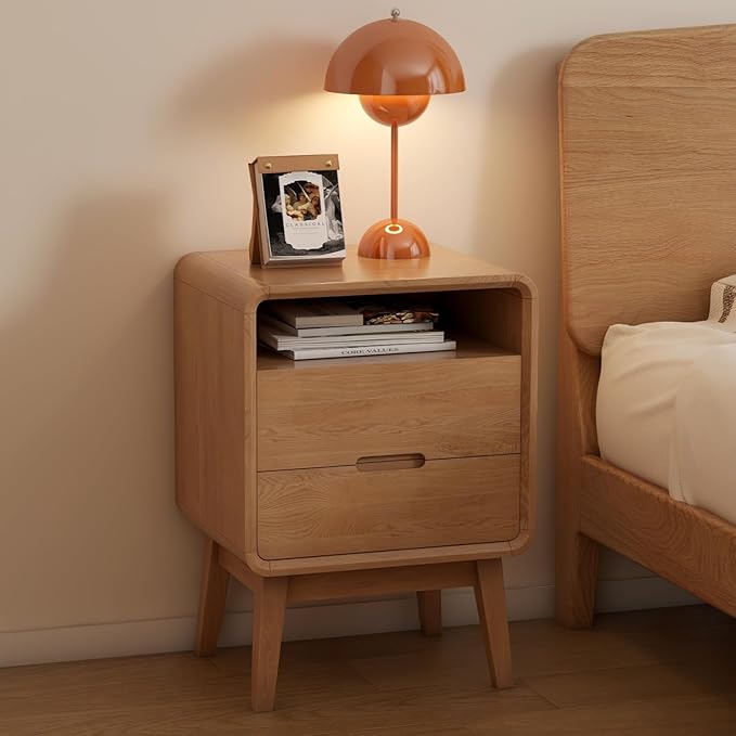 Solid Wood Nightstand Set of 2, Mid Century Modern Nightstand with Drawers, Natural Wood Nightstand with Storage, Wooden Night Stand, Small Nightstands, Bedside Table for Bedroom(23.23" H)