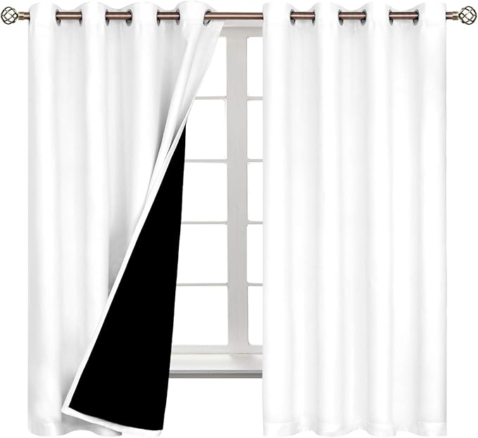 BGment Thermal Insulated 100% Blackout Curtains for Bedroom with Black Liner, Double Layer Full Room Darkening Noise Reducing Grommet Curtain (60 x 63 Inch, White, 2 Panels)