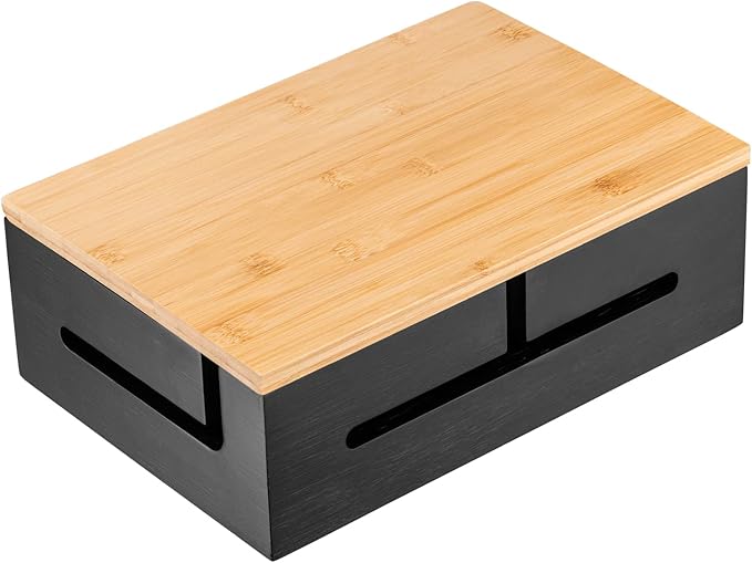 Bamboo Cable Management Box with Magnetic Lid - 12,6x7,9x4.3 in - Durable Cable Organizer to Hide Cords & Power Strip - Wall Mountable - Including Hardware - for Home, Office, Desk & More (Black)