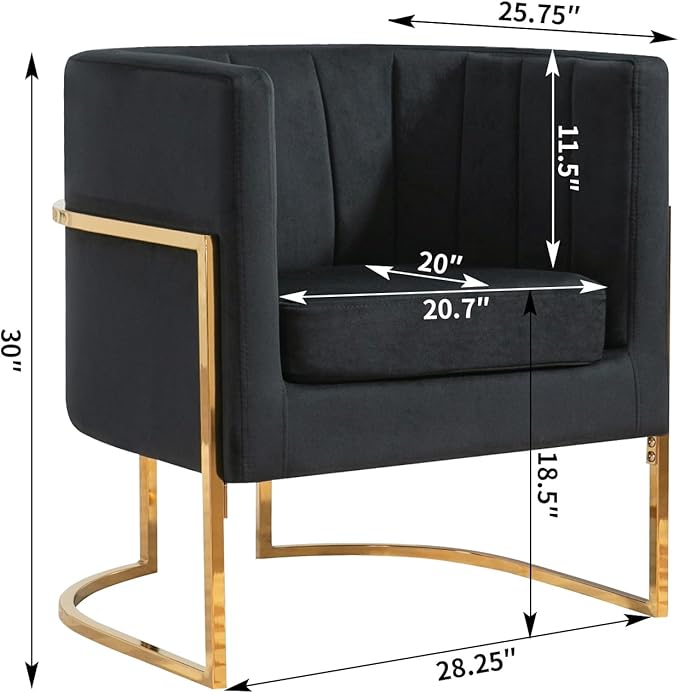 Velvet Modern Accent Chairs Set of 2, Upholstered Barrel Armchair Mid Century with Pillow for Living Room, Comfy Single Vanity Chair with Metal Gold Legs for Bedroom, Black