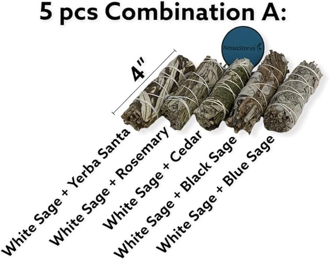 NESSASTORES - White Sage Mixture Smudge Sampler Kit 4" Bundles #JC-230 (18 Kits, 5 pcs Combination A)