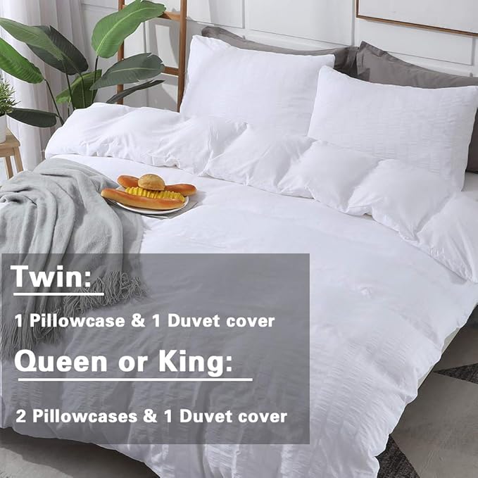 AveLom White Duvet Cover Queen (90 x 90 Inches)， 3 Pieces (1 Duvet Cover + 2 Pillow Cases) Stripe Zipper Closure Corner Ties Soft Washed Microfiber Duvet Cover for Men, Women
