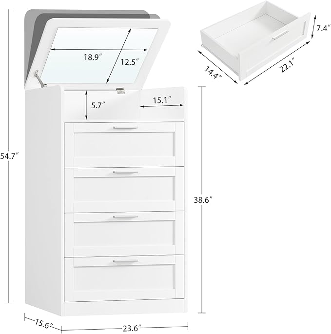 TEENFON Dresser for Bedroom, Tall White Dresser with 4 Drawers, Dressers with Mirror, Chest of Drawers for Bedroom, Living Room, Closet, Hallway, White
