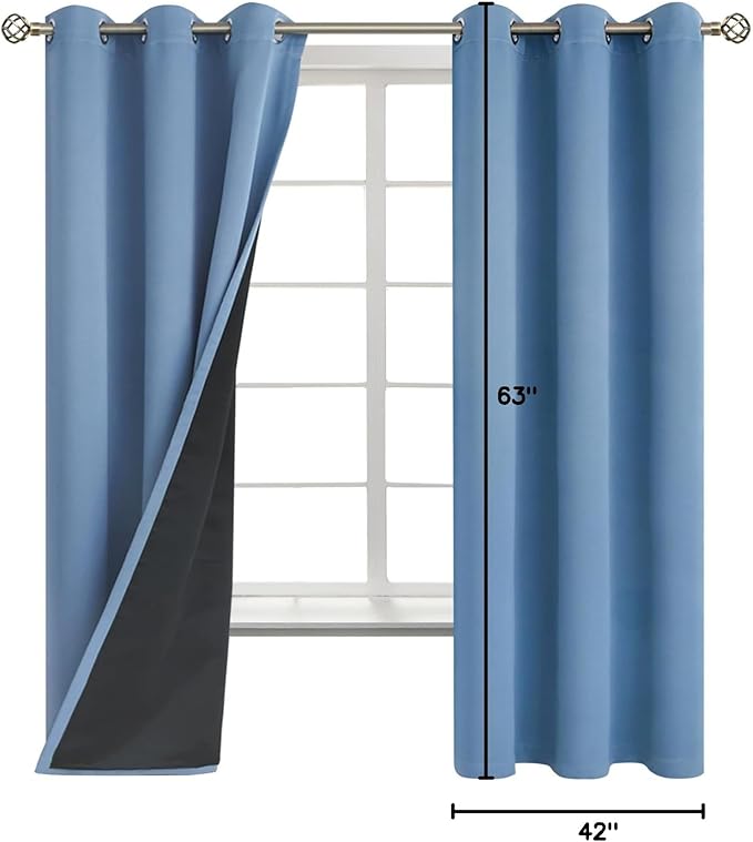 BGment Thermal Insulated 100% Blackout Curtains for Bedroom with Black Liner, Double Layer Full Room Darkening Noise Reducing Grommet Curtain (42 x 63 Inch, Denim Blue, 2 Panels)