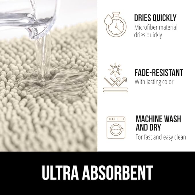 GORILLA GRIP Bath Rug Mat 36x24, Thick Absorbent Chenille, Quick Dry Microfiber Mats, Rubber Backing Washable Shower Floor Rugs, Bathmat Runner, US Designed Bathroom Home Decor Accessories Dusty Cloud