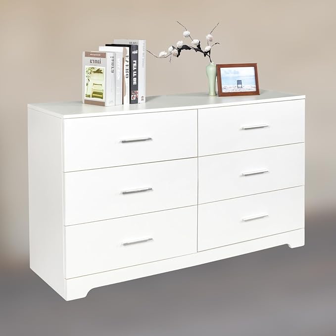Karl home 6 Drawer Dresser, Wood White Vanity Drawer Cabinet, Bedroom Storage Cabinet TV Stand, Large Dresser Storage Chest with Deep Drawers, Bedroom Furniture