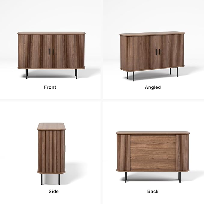 47''W x 32''H Buffet Sideboard Cabinet with Storage, Fluted Storage Accent Cabinet with Curvy Edge, Sliding Door, Credenza, Console Table for Living Room, Kitchen, Walnut