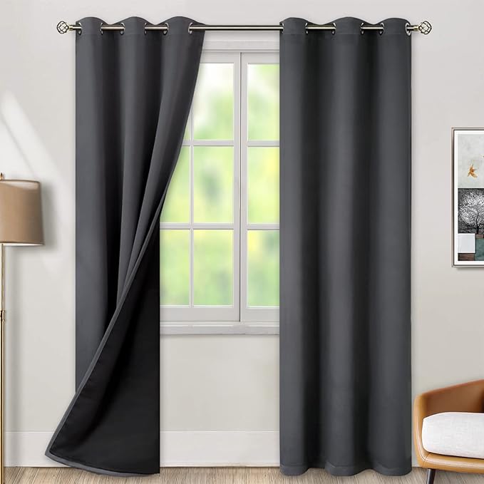 BGment Thermal Insulated 100% Blackout Curtains for Bedroom with Black Liner, Double Layer Full Room Darkening Noise Reducing Grommet Curtain (38 x 84 Inch, Dark Grey, 2 Panels)