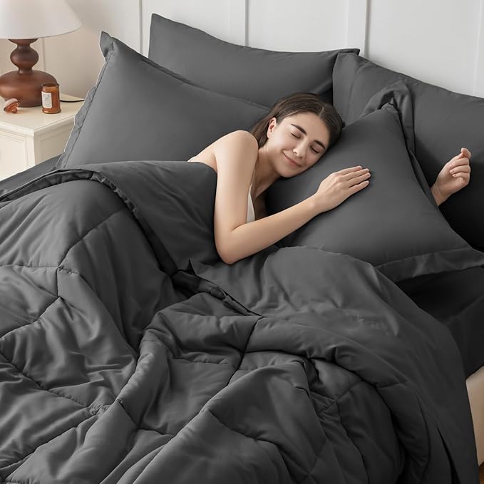 JOLLYVOGUE Full Comforter Set, Ultra-Soft Bed in a Bag Full Size 7 Pieces, Oeko-TEX Certified Bedding Set with Down Alternative Comforter, Sheets, Pillowcases & Shams, Dark Grey