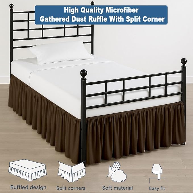 Ruffled Bed Skirt Split Corners with Platform, Tailored Fit Hotel Quality Wrinkle Free Ultra-Soft Microfiber Dust Ruffle, Upto 12 Inch Drop, Full XL, Chocolate